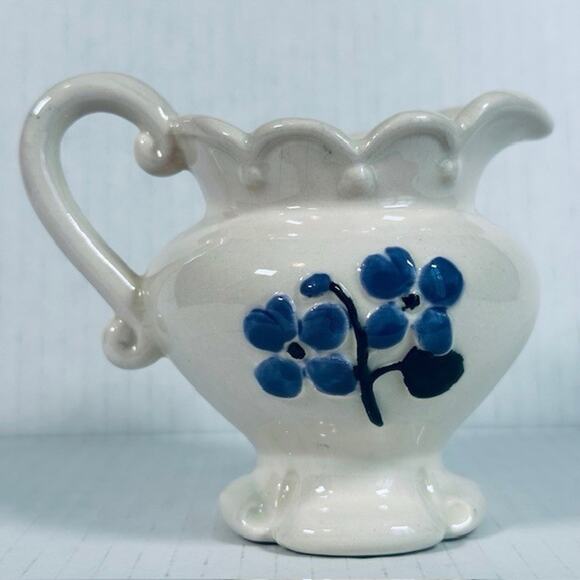 Vintage Folk Art Creamer/ Small Pitcher Ceramic Hand Painted White w/Blue Flower - Picture 5 of 12